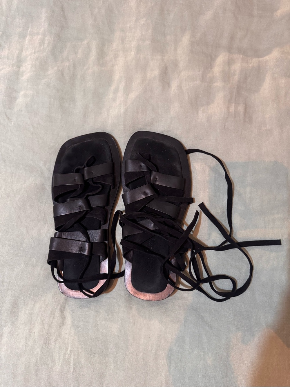 Square Toe Black Strappy Lace-Up Flat Sandals